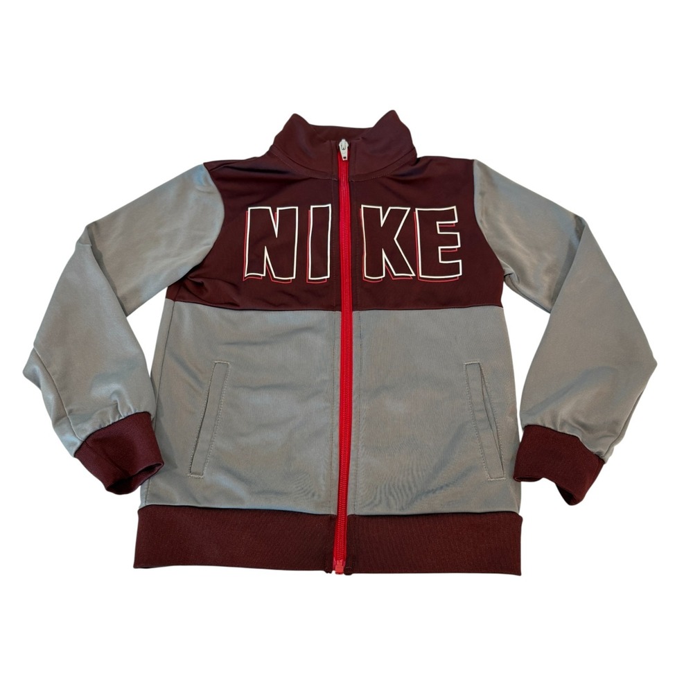 Nike Kids Logo Track Jacket Boys Sz 6 Medium Long Sleeve Gray Burgundy Athletic